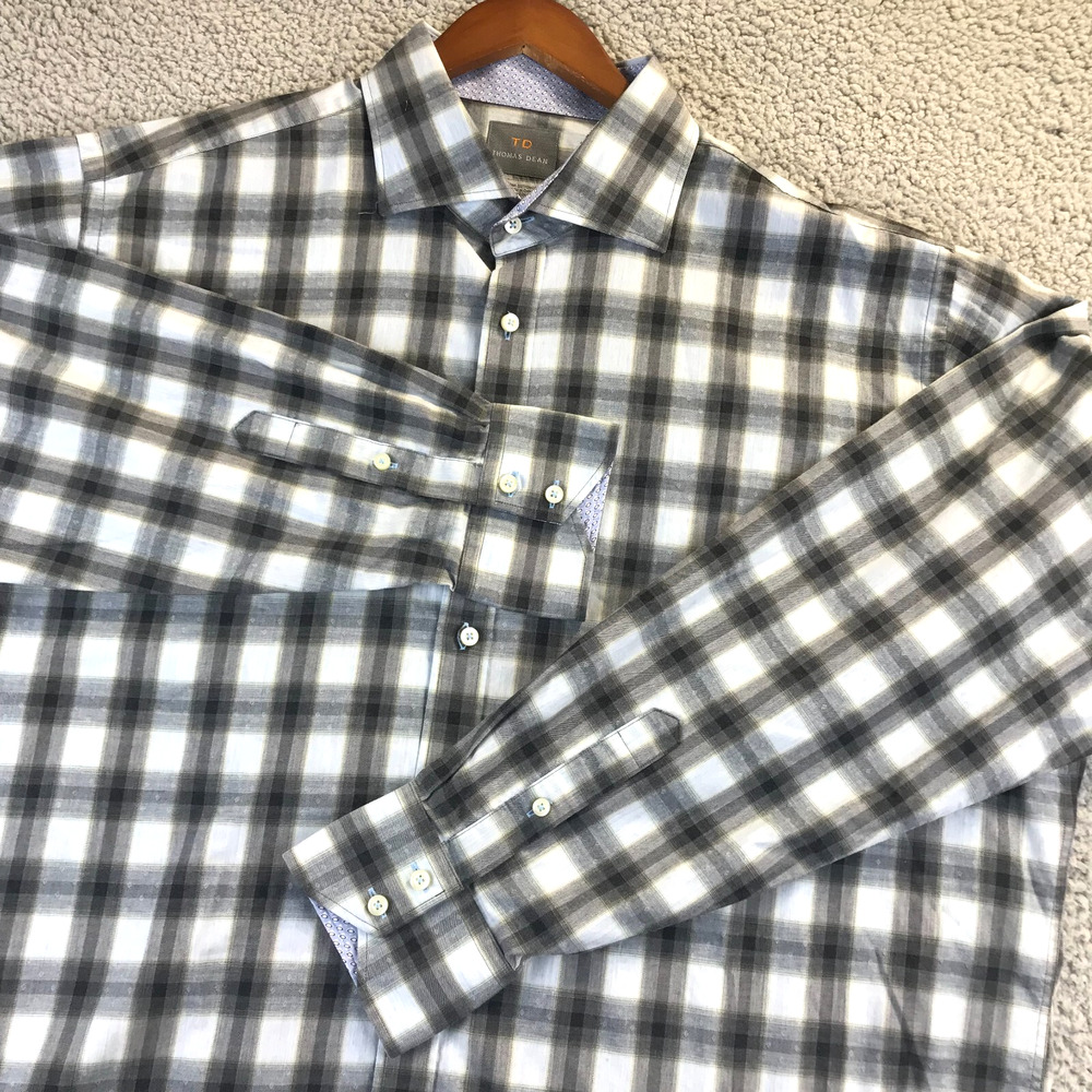 Thomas Dean Mens Long Sleeve Shirt 2XL Flip Cuff Button Grey/White Plaid Pima
